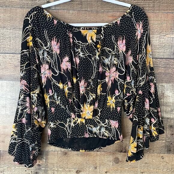 Free People Last Time Print Top In Black Combo Dramatic Bell Sleeve Size Small - Picture 7 of 12